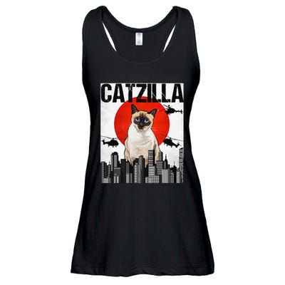 Funny Vintage Japanese Catzilla Siamese Cat Ladies Essential Flowy Tank