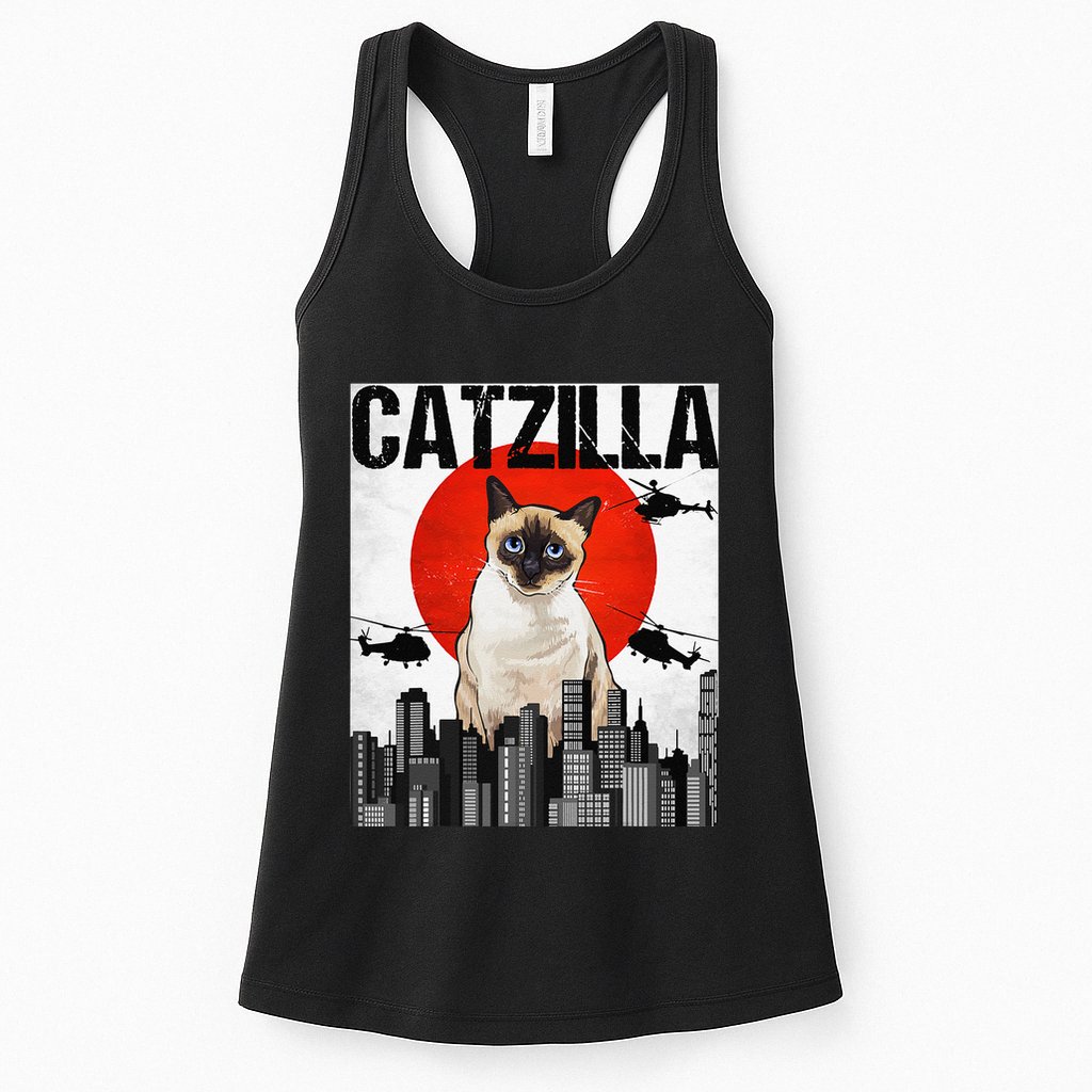 Funny Vintage Japanese Catzilla Siamese Cat Womens Tank Top