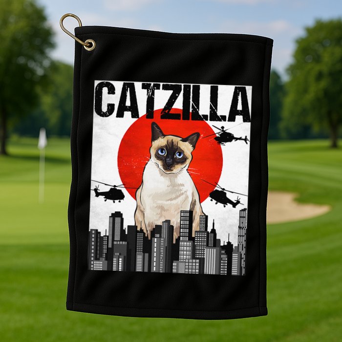 Funny Vintage Japanese Catzilla Siamese Cat Golf Towel
