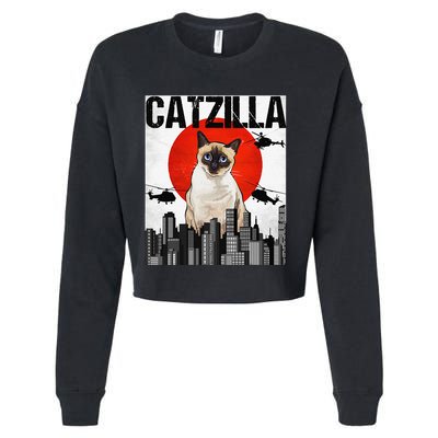 Funny Vintage Japanese Catzilla Siamese Cat Cropped Pullover Crew