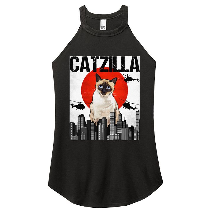 Funny Vintage Japanese Catzilla Siamese Cat Women's Perfect Tri Rocker Tank