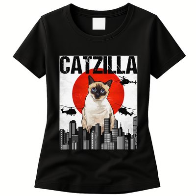 Funny Vintage Japanese Catzilla Siamese Cat Womens T-Shirt