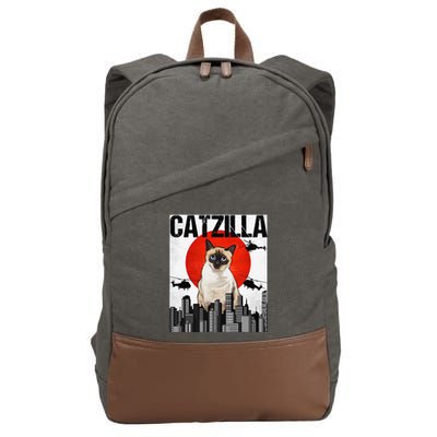 Funny Vintage Japanese Catzilla Siamese Cat Cotton Canvas Backpack
