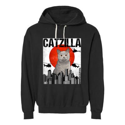 Funny Vintage Japanese Catzilla British Shorthair Cat Garment-Dyed Fleece Hoodie