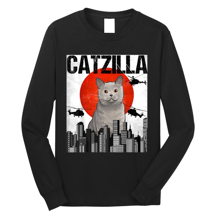 Funny Vintage Japanese Catzilla British Shorthair Cat Long Sleeve Shirt