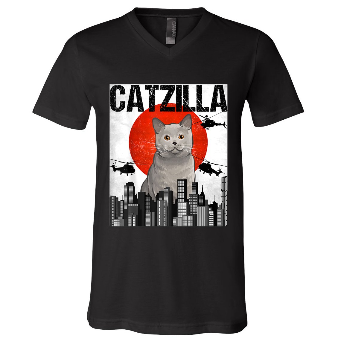 Funny Vintage Japanese Catzilla British Shorthair Cat V-Neck T-Shirt