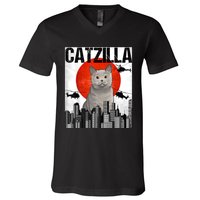 Funny Vintage Japanese Catzilla British Shorthair Cat V-Neck T-Shirt