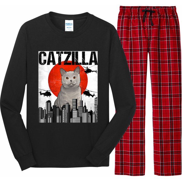 Funny Vintage Japanese Catzilla British Shorthair Cat Long Sleeve Pajama Set