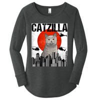 Funny Vintage Japanese Catzilla British Shorthair Cat Women's Perfect Tri Tunic Long Sleeve Shirt