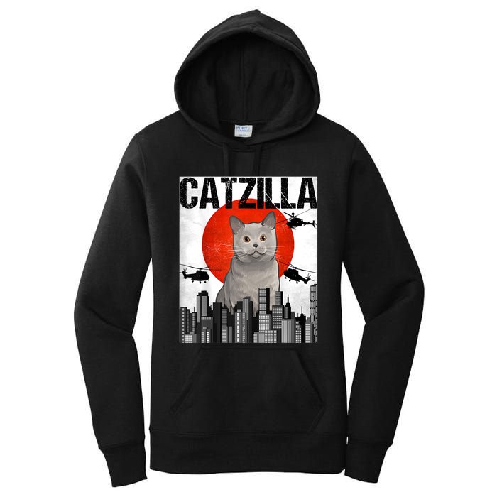 Funny Vintage Japanese Catzilla British Shorthair Cat Women's Pullover Hoodie