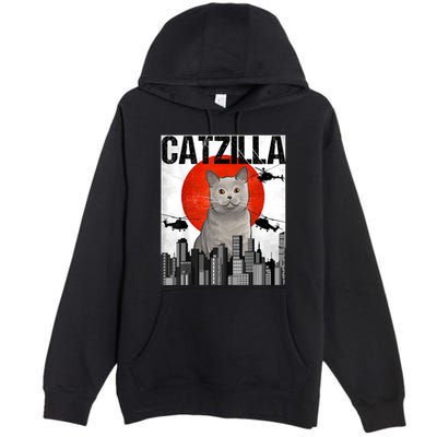 Funny Vintage Japanese Catzilla British Shorthair Cat Premium Pullover Hoodie