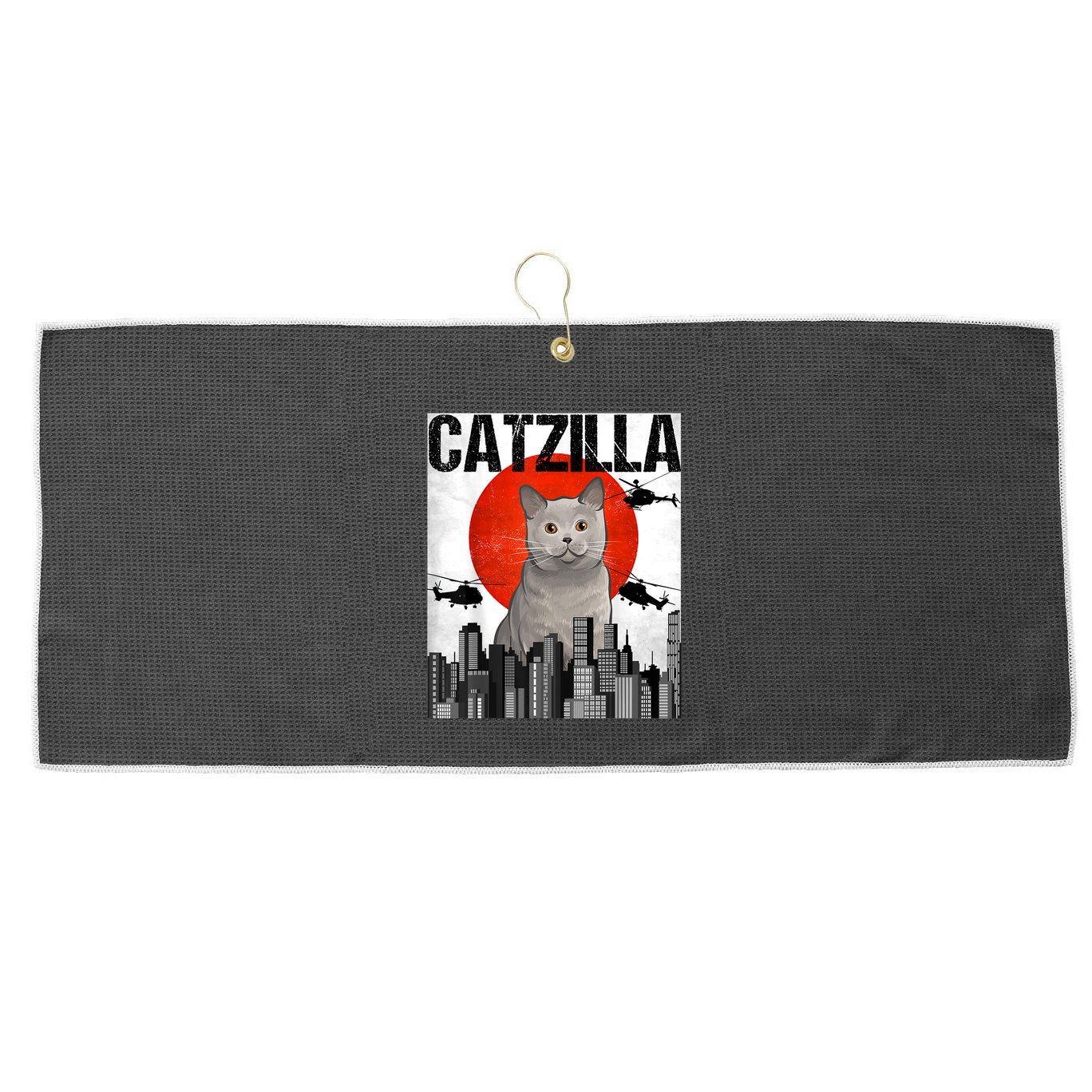 Funny Vintage Japanese Catzilla British Shorthair Cat Large Microfiber Waffle Golf Towel