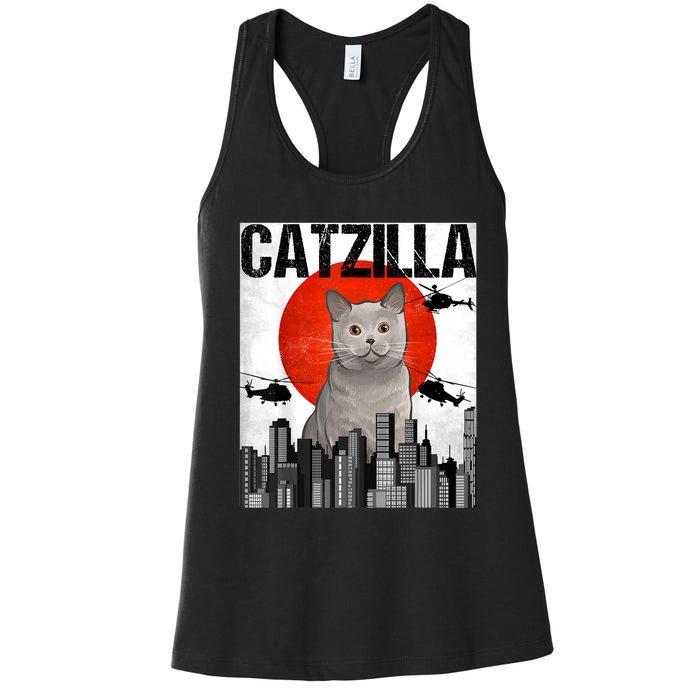 Funny Vintage Japanese Catzilla British Shorthair Cat Women's Racerback Tank