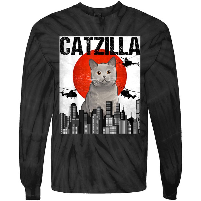 Funny Vintage Japanese Catzilla British Shorthair Cat Tie-Dye Long Sleeve Shirt