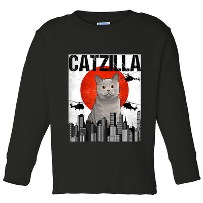 Funny Vintage Japanese Catzilla British Shorthair Cat Toddler Long Sleeve Shirt