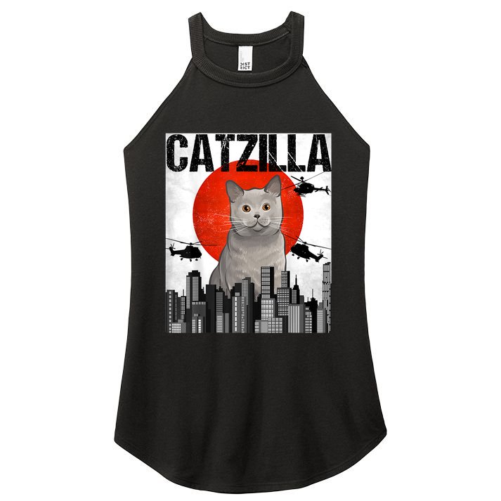 Funny Vintage Japanese Catzilla British Shorthair Cat Women's Perfect Tri Rocker Tank