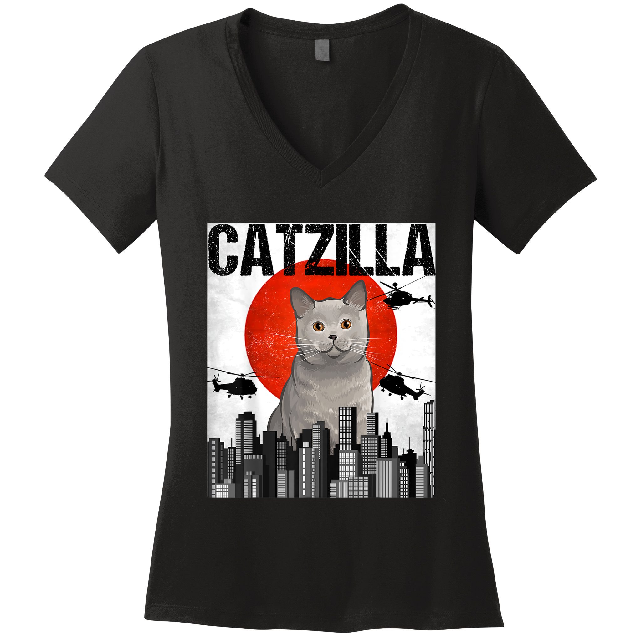 Funny Vintage Japanese Catzilla British Shorthair Cat Women's V-Neck T-Shirt