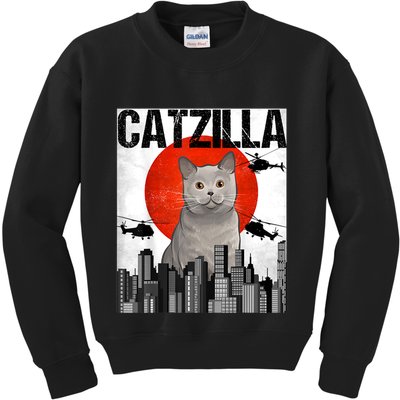 Funny Vintage Japanese Catzilla British Shorthair Cat Kids Sweatshirt