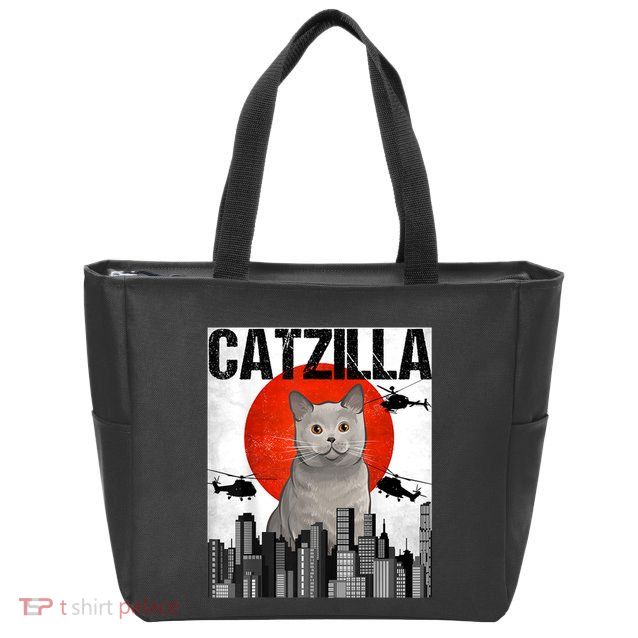 Funny Vintage Japanese Catzilla British Shorthair Cat Zip Tote Bag