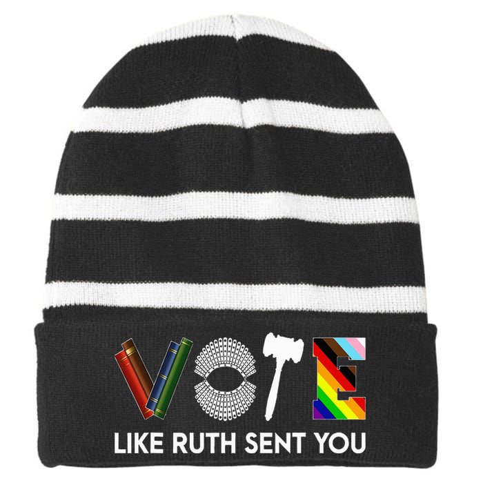 Funny Vote Like Ruth Sent You Gavel Feminists Lgbt Pride Striped Beanie with Solid Band