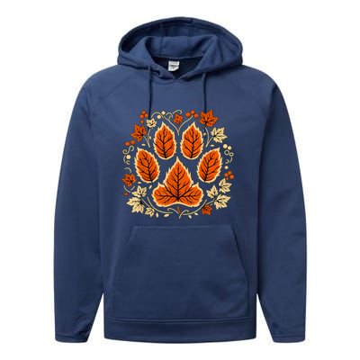 Fall Vine Leaf Dog Paw Print Autumn Maple Leaf Thanksgiving Performance Fleece Hoodie