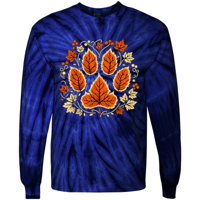 Fall Vine Leaf Dog Paw Print Autumn Maple Leaf Thanksgiving Tie-Dye Long Sleeve Shirt