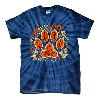 Fall Vine Leaf Dog Paw Print Autumn Maple Leaf Thanksgiving Tie-Dye T-Shirt