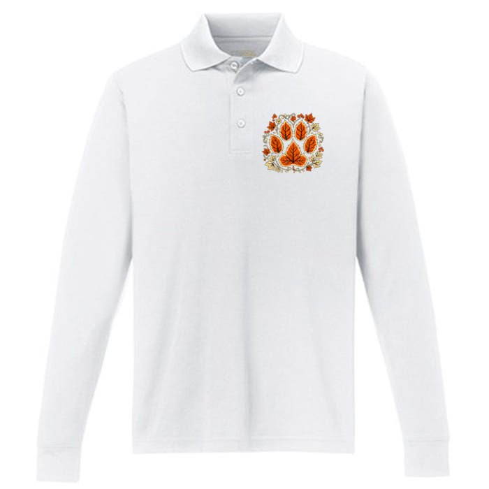 Fall Vine Leaf Dog Paw Print Autumn Maple Leaf Thanksgiving Performance Long Sleeve Polo