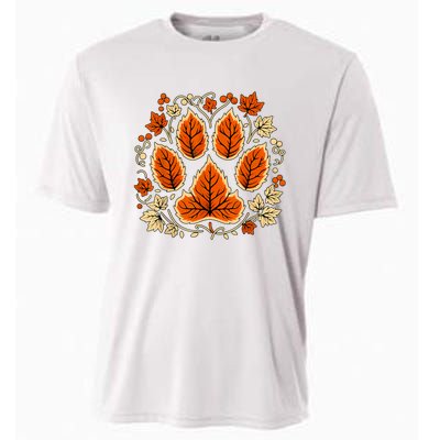 Fall Vine Leaf Dog Paw Print Autumn Maple Leaf Thanksgiving Cooling Performance Crew T-Shirt