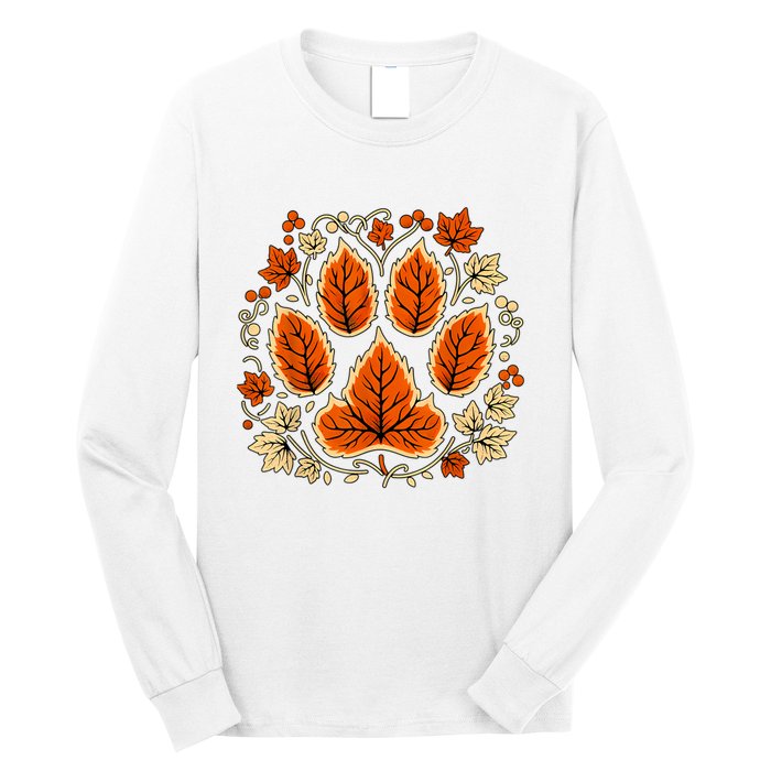 Fall Vine Leaf Dog Paw Print Autumn Maple Leaf Thanksgiving Long Sleeve Shirt