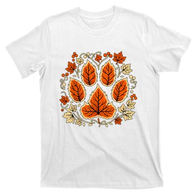 Fall Vine Leaf Dog Paw Print Autumn Maple Leaf Thanksgiving T-Shirt