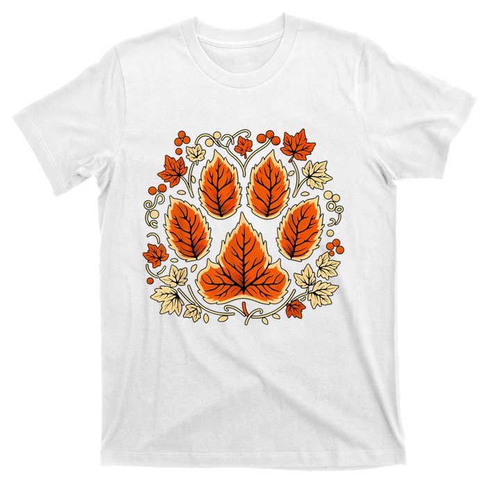 Fall Vine Leaf Dog Paw Print Autumn Maple Leaf Thanksgiving T-Shirt