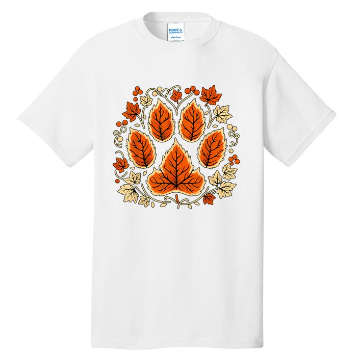 Fall Vine Leaf Dog Paw Print Autumn Maple Leaf Thanksgiving Tall T-Shirt