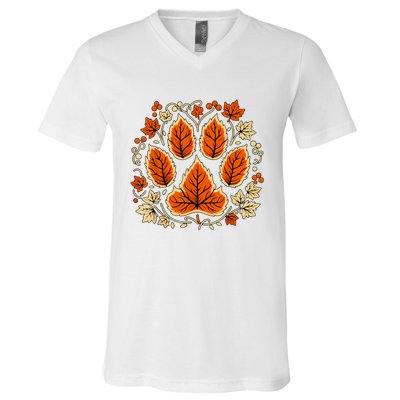 Fall Vine Leaf Dog Paw Print Autumn Maple Leaf Thanksgiving V-Neck T-Shirt