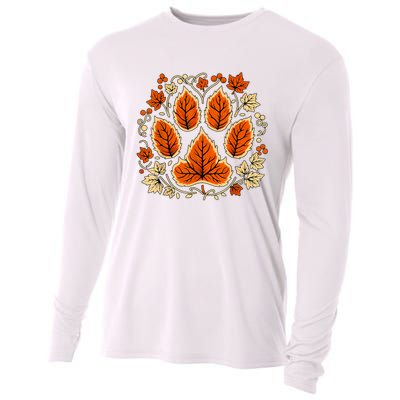 Fall Vine Leaf Dog Paw Print Autumn Maple Leaf Thanksgiving Cooling Performance Long Sleeve Crew