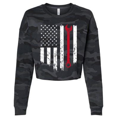 Funny Vintage Mechanic Distressed American Flag Gift Cropped Pullover Crew