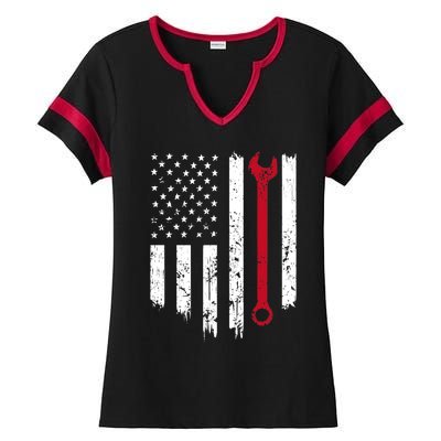 Funny Vintage Mechanic Distressed American Flag Gift Ladies Halftime Notch Neck Tee