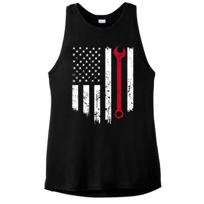 Funny Vintage Mechanic Distressed American Flag Gift Ladies PosiCharge Tri-Blend Wicking Tank