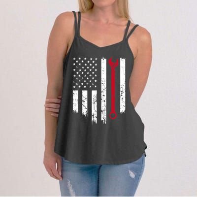 Funny Vintage Mechanic Distressed American Flag Gift Women's Strappy Tank