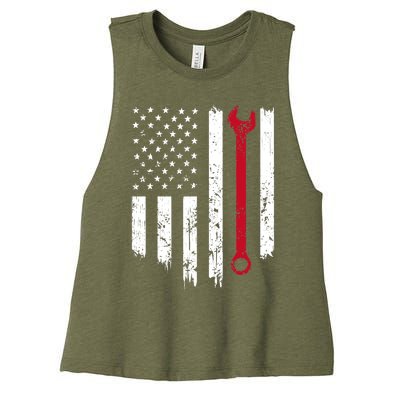 Funny Vintage Mechanic Distressed American Flag Gift Women's Racerback Cropped Tank