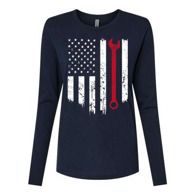 Funny Vintage Mechanic Distressed American Flag Gift Womens Cotton Relaxed Long Sleeve T-Shirt