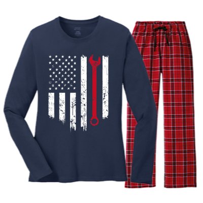 Funny Vintage Mechanic Distressed American Flag Gift Women's Long Sleeve Flannel Pajama Set 