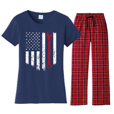 Funny Vintage Mechanic Distressed American Flag Gift Women's Flannel Pajama Set