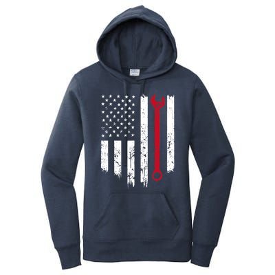 Funny Vintage Mechanic Distressed American Flag Gift Women's Pullover Hoodie