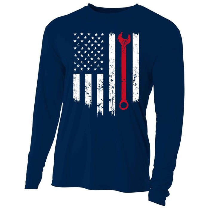 Funny Vintage Mechanic Distressed American Flag Gift Cooling Performance Long Sleeve Crew