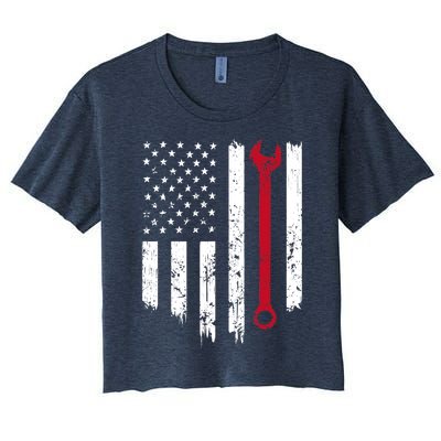 Funny Vintage Mechanic Distressed American Flag Gift Women's Crop Top Tee