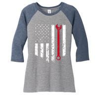 Funny Vintage Mechanic Distressed American Flag Gift Women's Tri-Blend 3/4-Sleeve Raglan Shirt