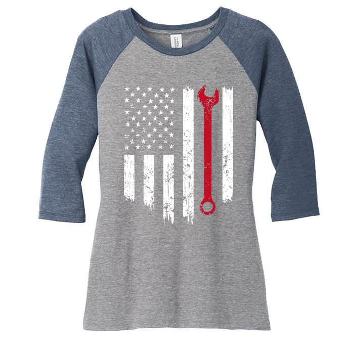 Funny Vintage Mechanic Distressed American Flag Gift Women's Tri-Blend 3/4-Sleeve Raglan Shirt