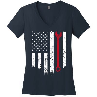 Funny Vintage Mechanic Distressed American Flag Gift Women's V-Neck T-Shirt