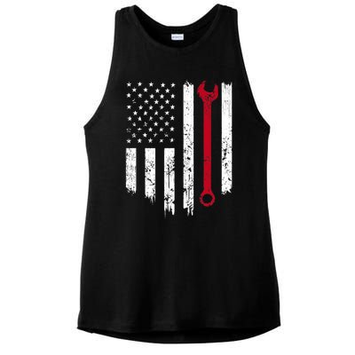 Funny Vintage Mechanic Distressed American Flag Gift Ladies PosiCharge Tri-Blend Wicking Tank